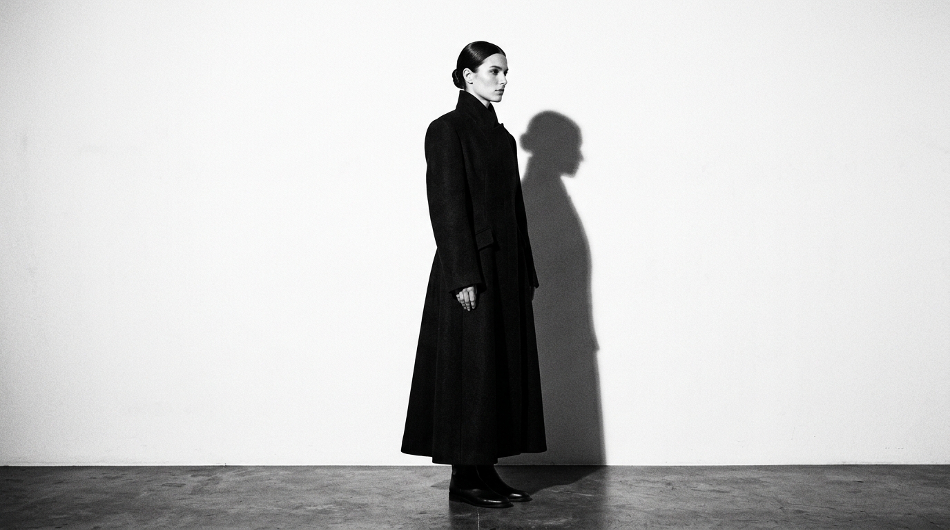 Modelo con atuendo Noir Core — silueta minimalista en negro